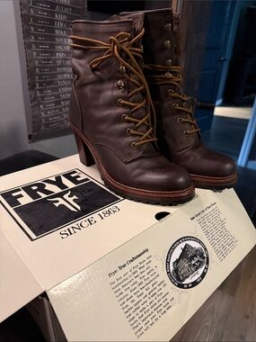 Frye Brown Leather Lace-Up Heeled Combat Boots